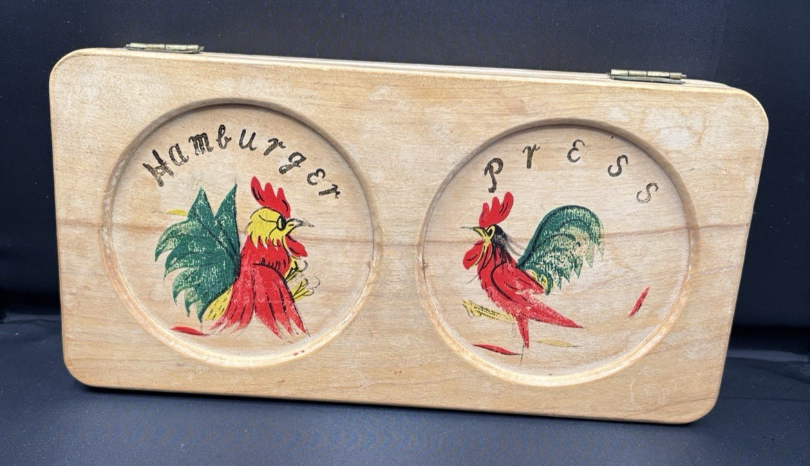 Vtg Wooden Hamburger Press Double Hinged 1950s Red Rooster Farmhouse Rustic gallery