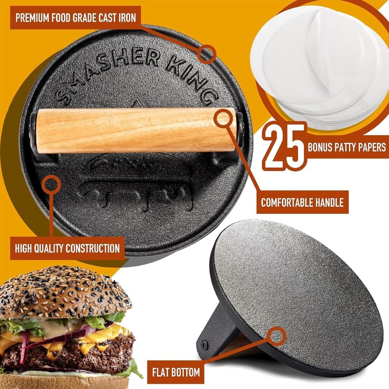 Versatile Cast Iron Burger Press and Smasher - Includes Parchment Paper Sheets gallery