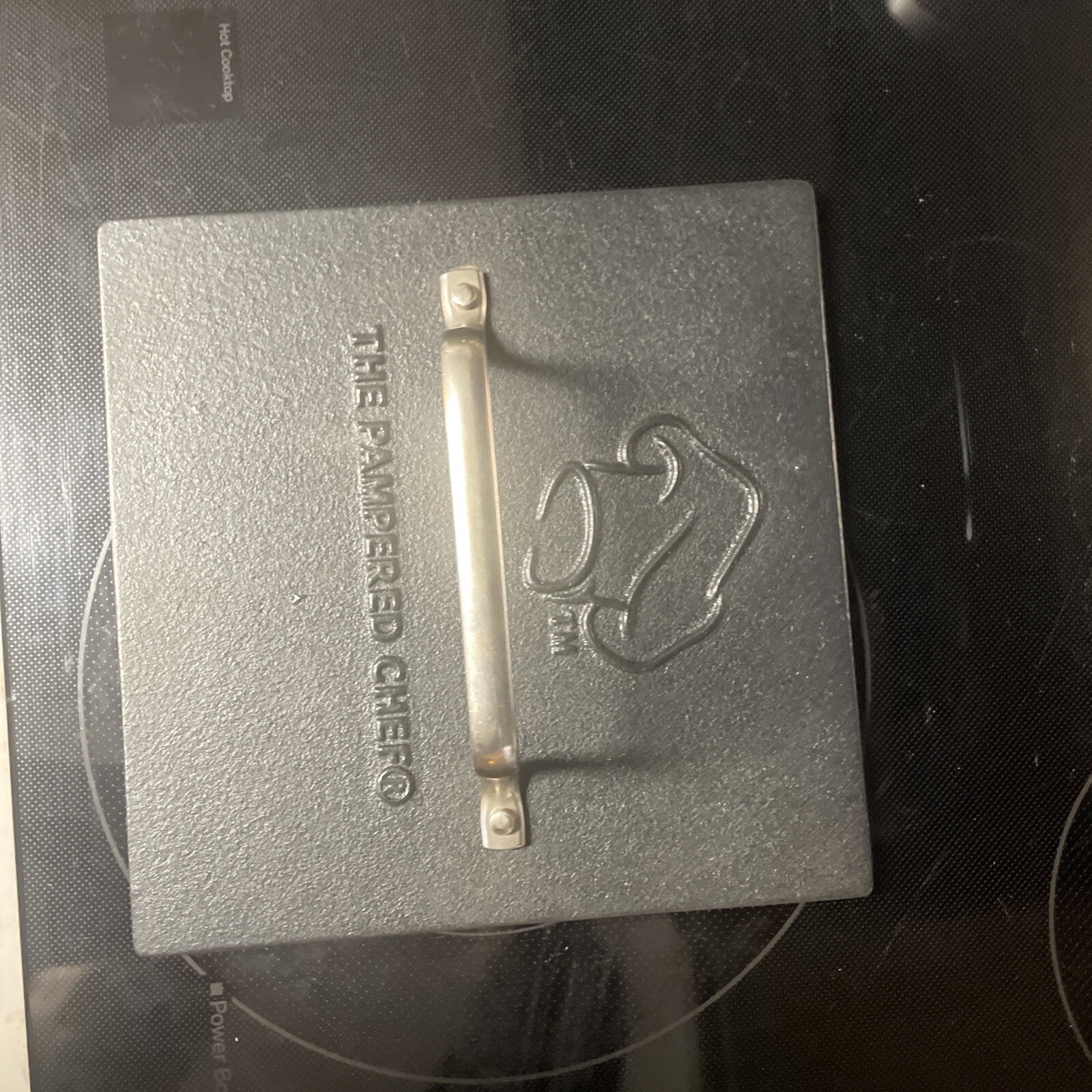 THE PAMPERED CHEF Cast Iron Panini Bacon Burger Grill PRESS w/ Handle gallery