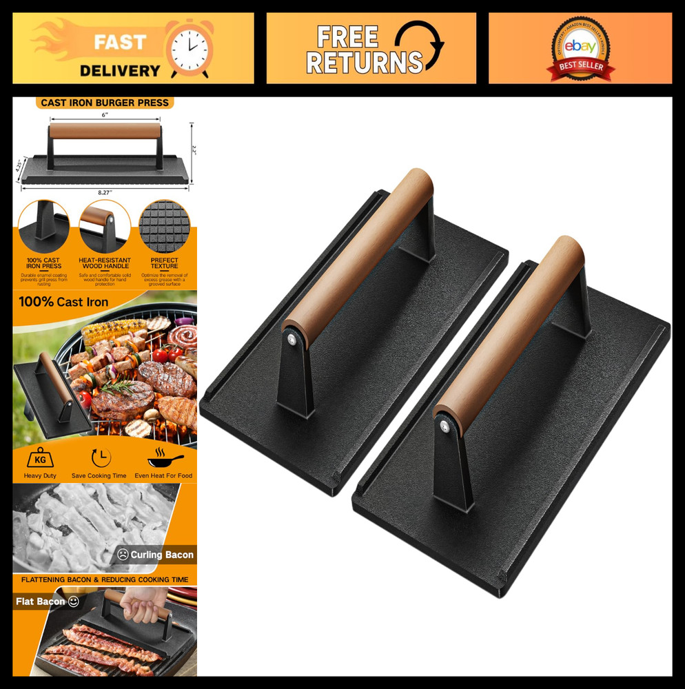 Heavy Duty Cast Iron Grill Press Set - 2PCS for Perfect Bacon, Burger, Steak & P
