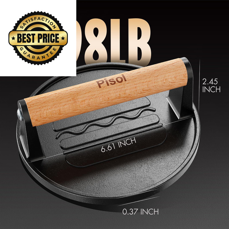 Pisol Smash Burger Press, Pre-Seasoned Cast Iron Hamburger Smasher, 2 Round gallery