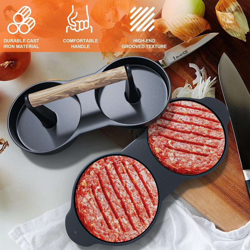 Double Burger Press Cast Iron Hamburger Patty Maker Meat Smasher Grill Tool gallery