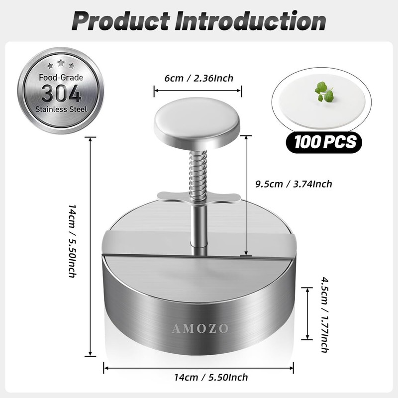5.5" Stainless Steel Burger Press with 100 Patty Papers for Grill BBQ Lovers gallery