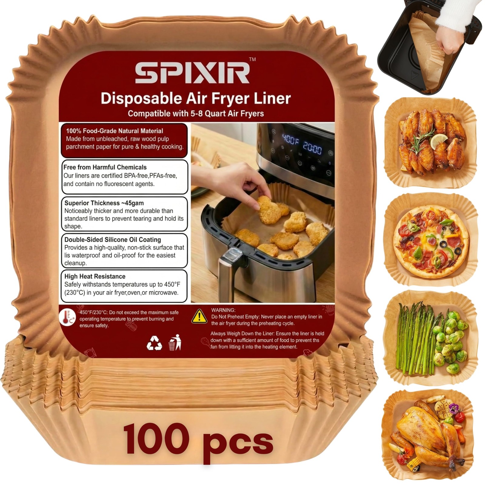 Air Fryer Paper Liners, 100Pcs Liners Disposable 8" 8"Square, Brown gallery