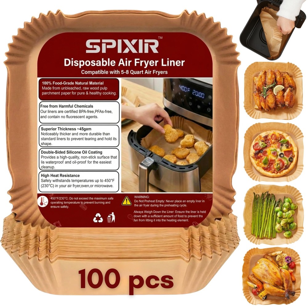 Air Fryer Paper Liners, 100Pcs Liners Disposable 8" 8"Square, Brown