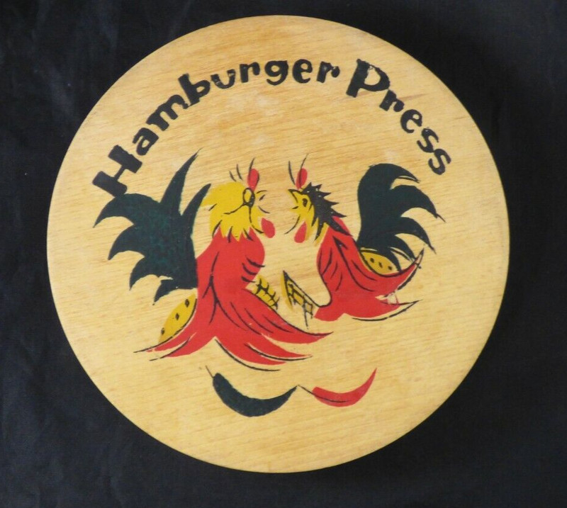 Rooster Chicken Hamburger Burger Press Wooden Fighting Hand Painted Vintage gallery