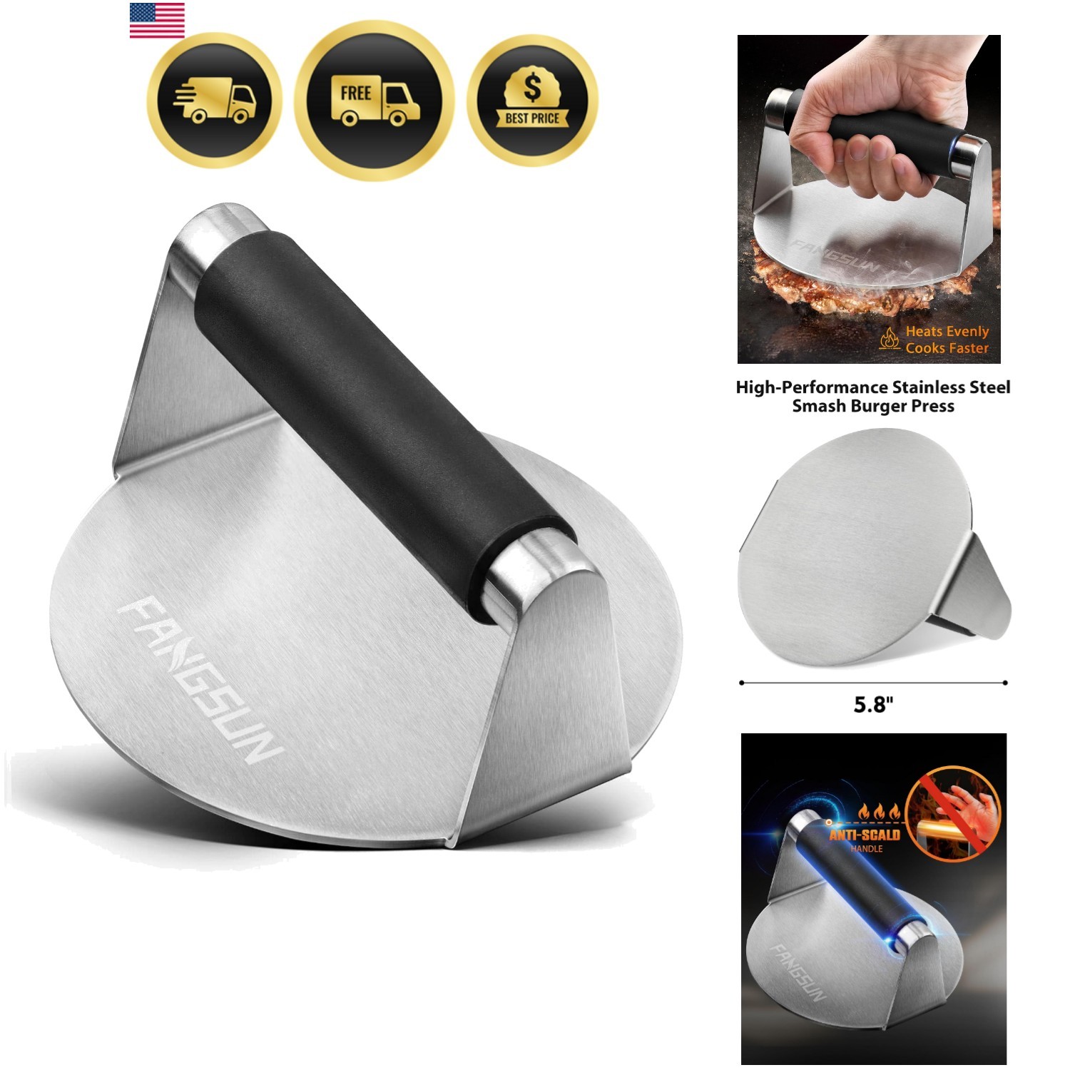 Burger Press with Heat-Resistant Handle, 5.8 Inch Stainless Steel Burger Smas... gallery