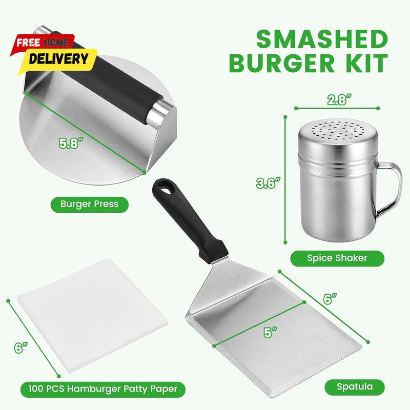 Smashed Burger Press Kit with Large Metal Spatula, Stainless Steel Press, Season gallery