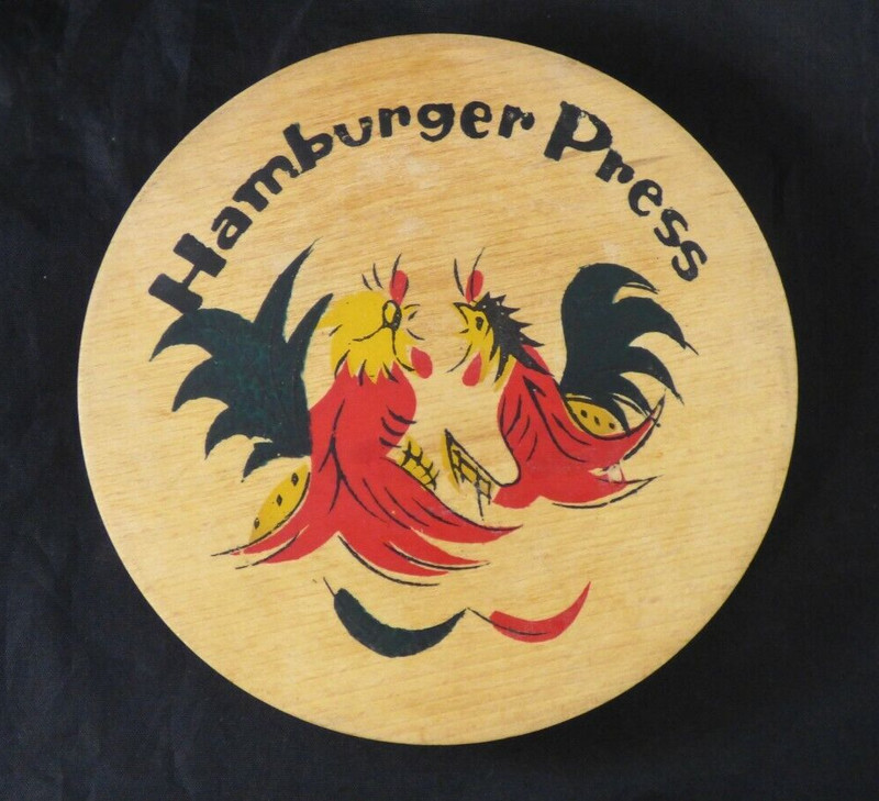 Rooster Chicken Hamburger Burger Press Wooden Fighting Hand Painted Vintage gallery