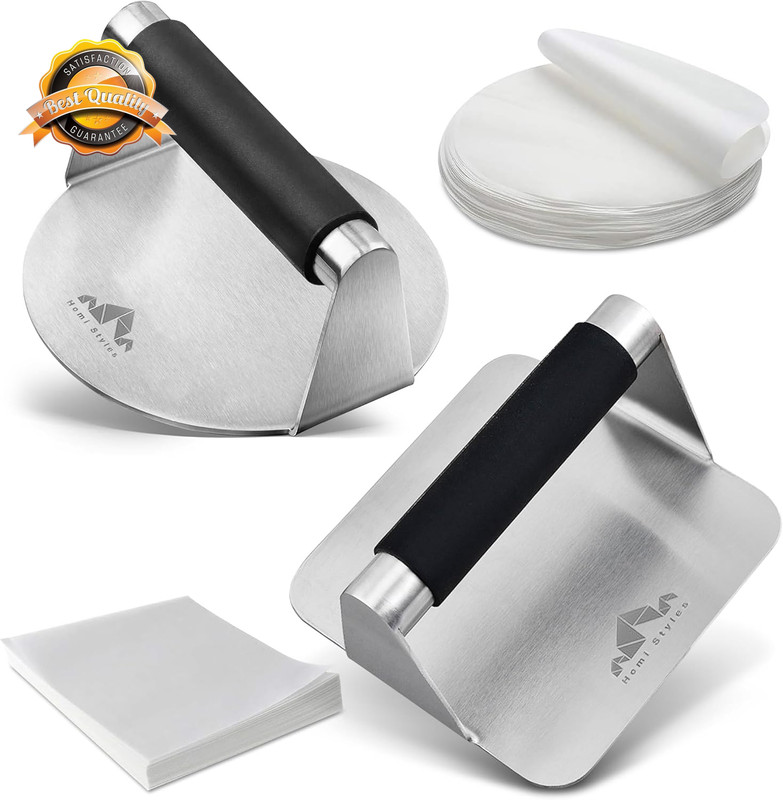 Smash Burger Press Pack of 2–Round and Square Meat Masher with Silicone Handles gallery
