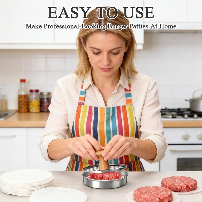 Hamburger Press Patty Maker 5 Inch Stainless Steel NonStick 20 PCS Wax Paper gallery