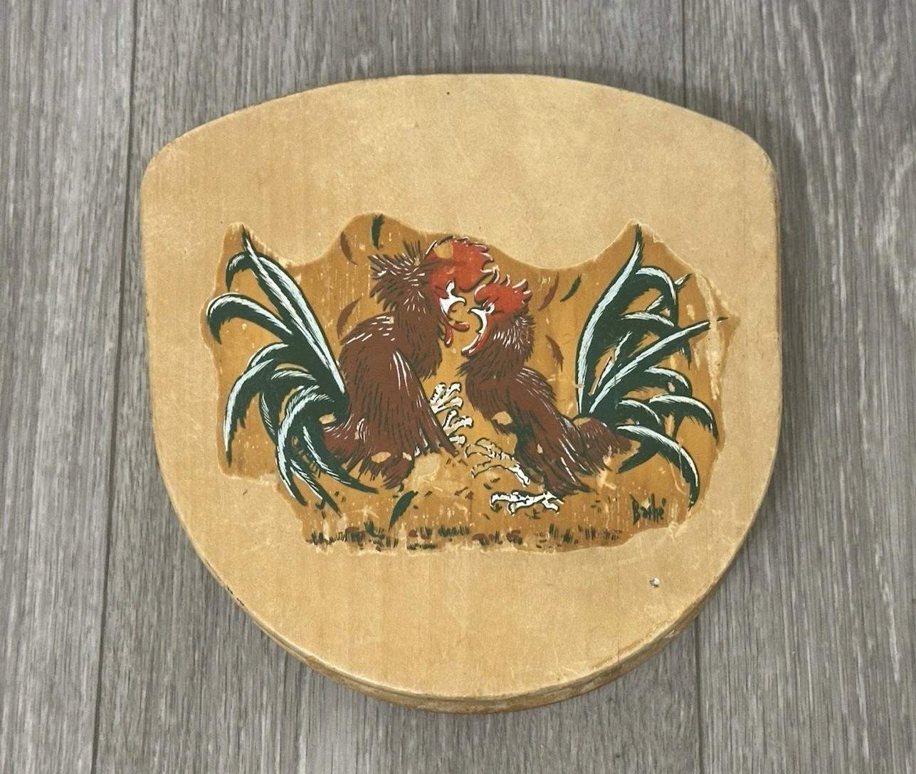 Vintage Wooden Hamburger Press Hand-Painted Folk Art Fighting Roosters Chicken gallery