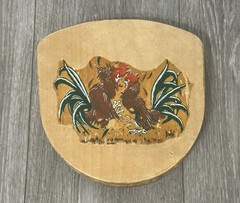 Vintage Wooden Hamburger Press Hand-Painted Folk Art Fighting Roosters Chicken