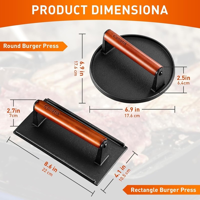 Burger Press 7" Round & 8.2"X4.3" Rectangle Heavy-Duty Cast Iron Smash Bacon New gallery