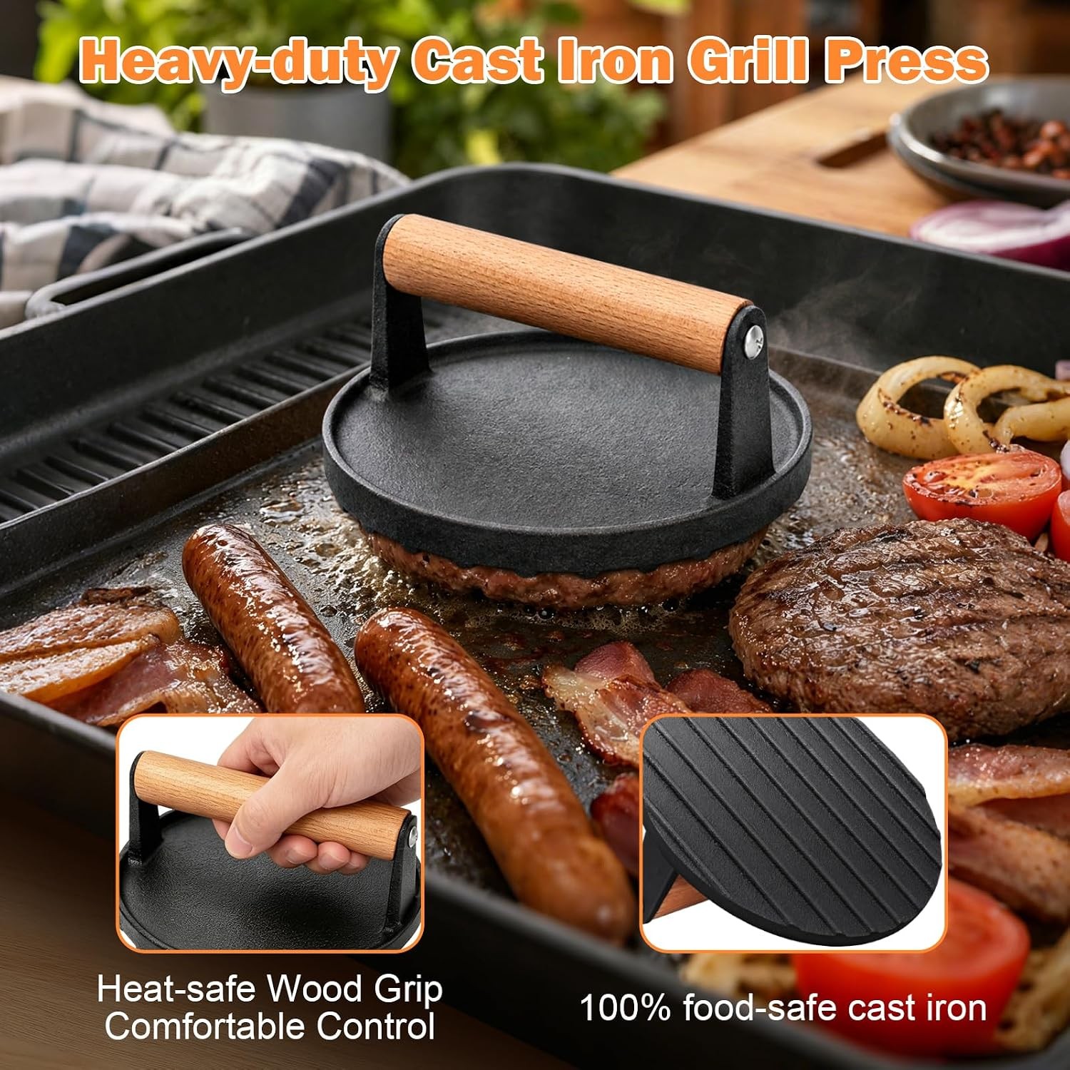 Smash Burger Press 6.3” Cast Iron Burger Smasher Heavy Duty Grill Bacon Meat gallery