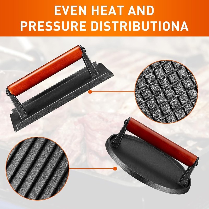 Burger Press 7" Round & 8.2"X4.3" Rectangle Heavy-Duty Cast Iron Smash Bacon New gallery