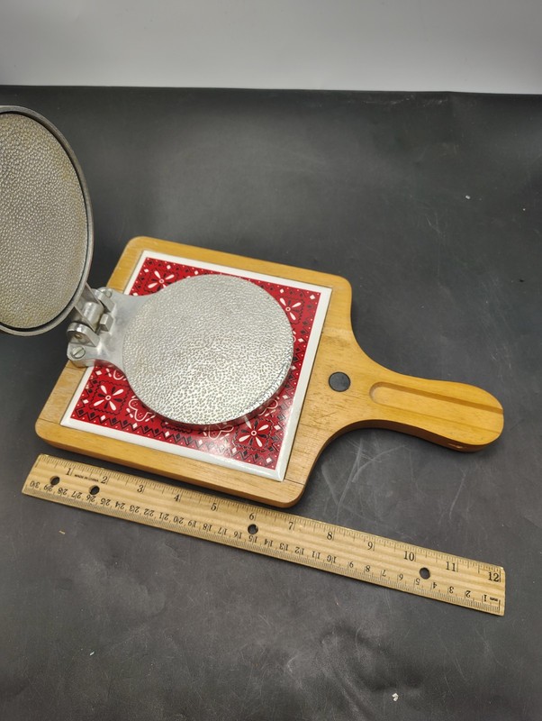 VTG Retro Wooden Paddle Hinged Aluminum Hamburger Patty Press Maker Red Bandana gallery