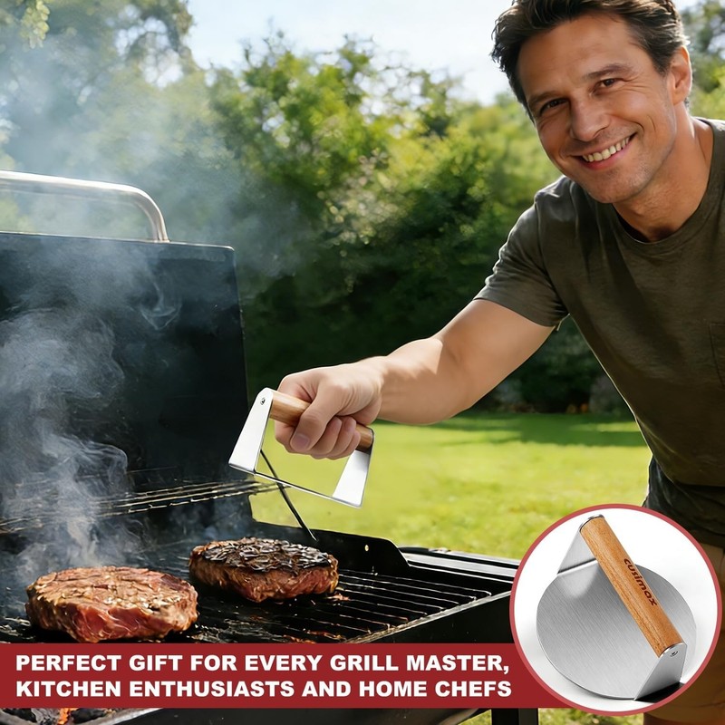 Stainless Steel Burger Press 5.5" Round Smash Burger Press W/ Wood Handle Grill gallery