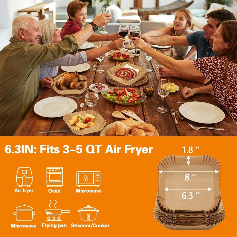 200Pcs Air Fryer Paper Liners, 6.3 Inch Square Disposable 6.3"Square, Brown gallery