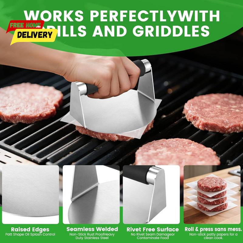 Smashed Burger Press Kit with Large Metal Spatula, Stainless Steel Press, Season gallery