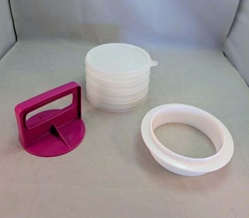 Vtg. Tupperware Hamburger Press Ring #1926 Pink Handle & 4 Stack Keepers w/lid gallery