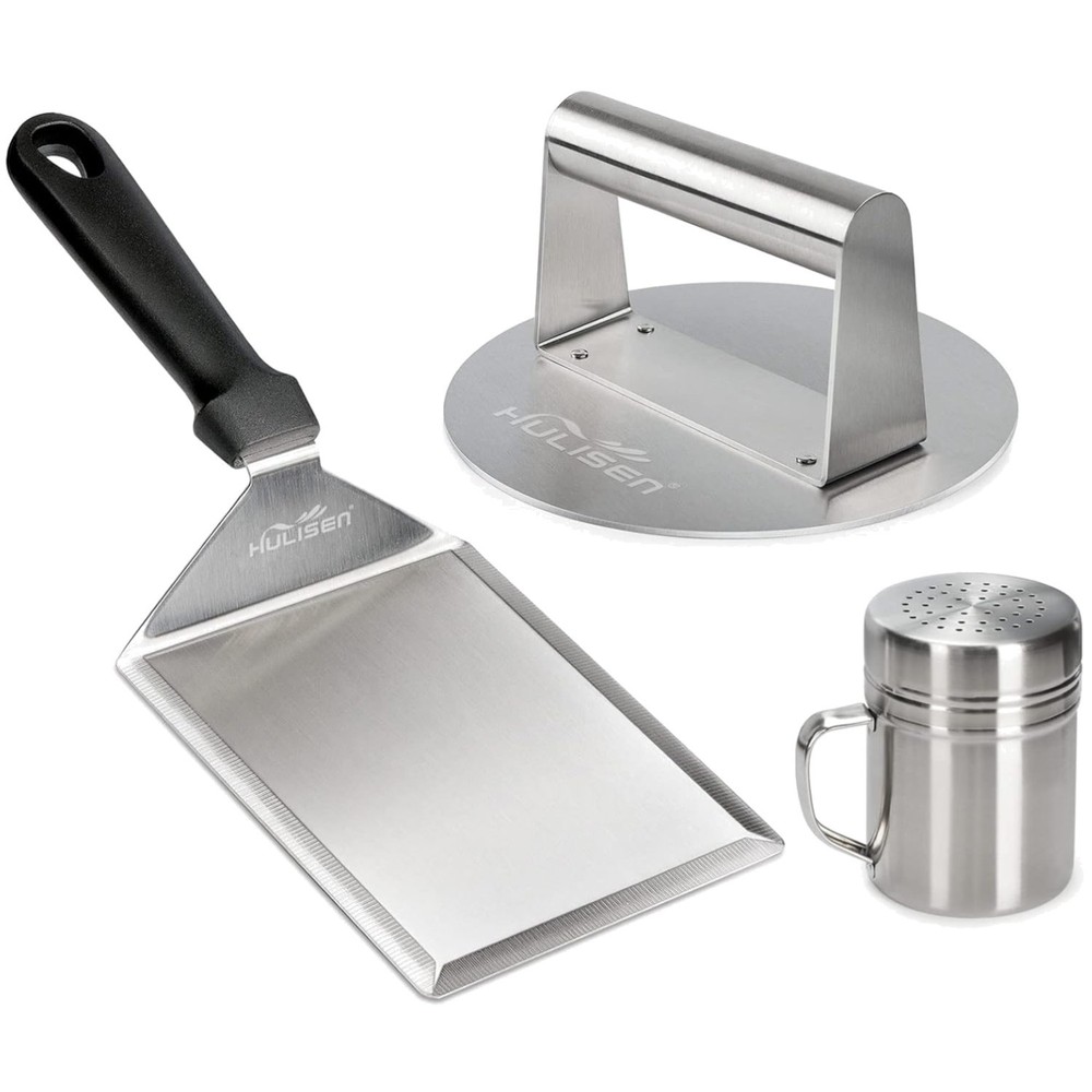 Stainless Steel Griddle Burger Kit - Press, Spatula & Shaker
