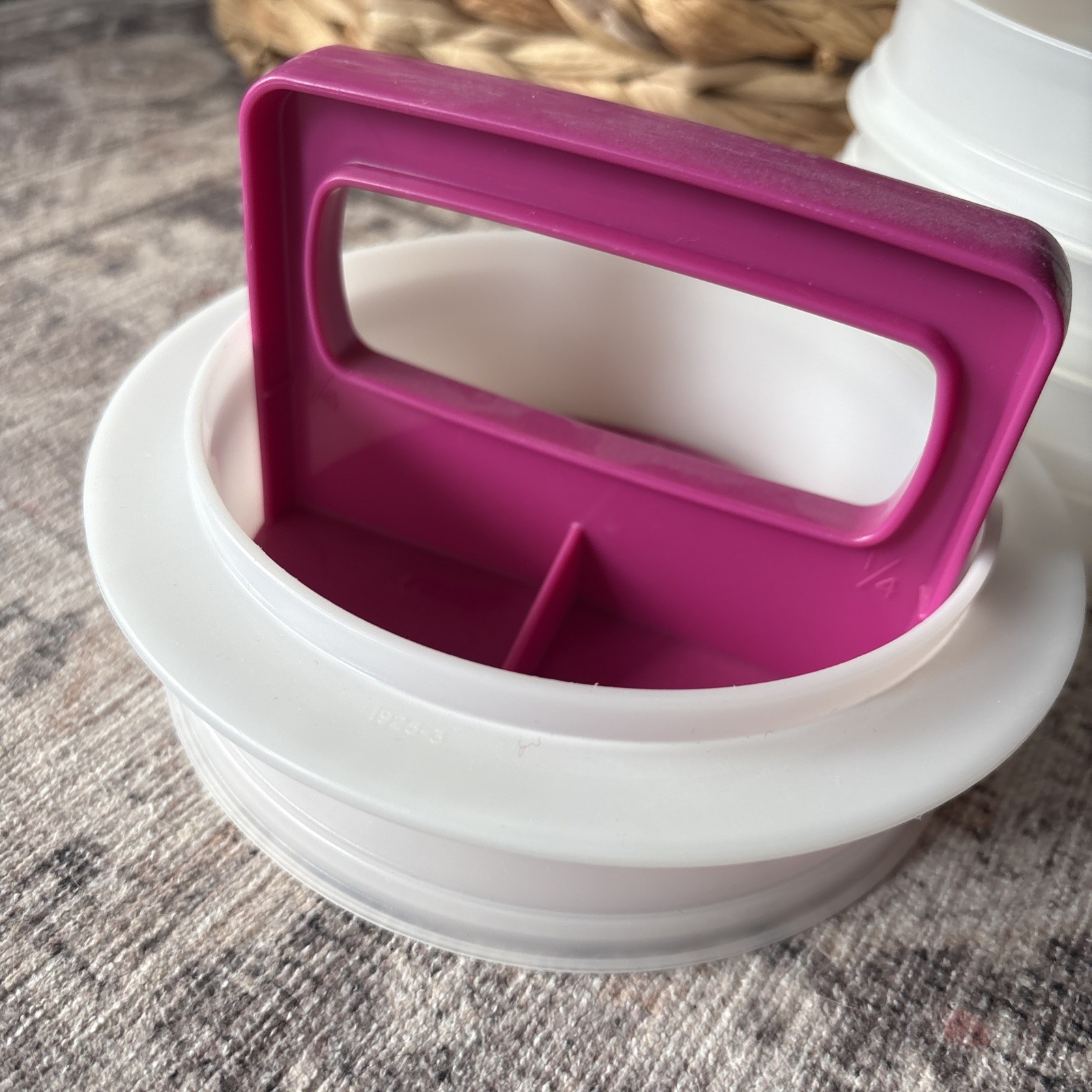Vintage Tupperware Large Hamburger Patty Press & 5 Keepers Fuchsia Pink No Lid gallery