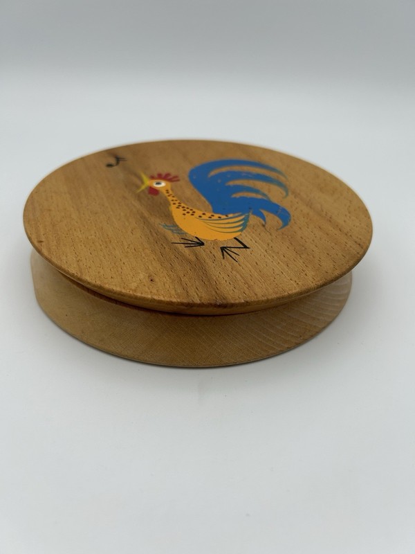 Vintage Wooden Hamburger Press with Colorful Singing Rooster Design gallery