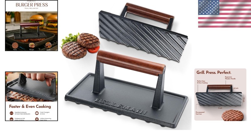 Heavy-Duty Cast Iron Grill Press for Perfectly Seared Bacon & Steak, 2.6 lbs gallery