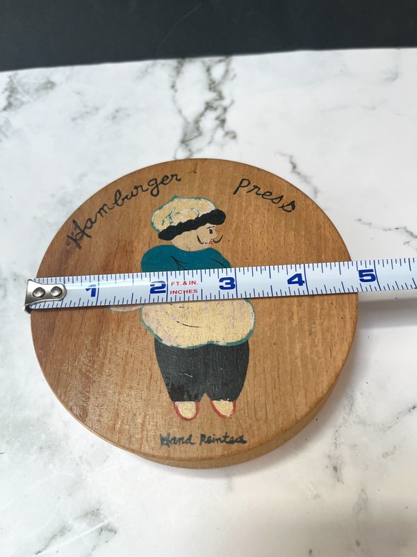 Vintage Mid- 20th Century Hand-painted Wooden Hamburger Press gallery