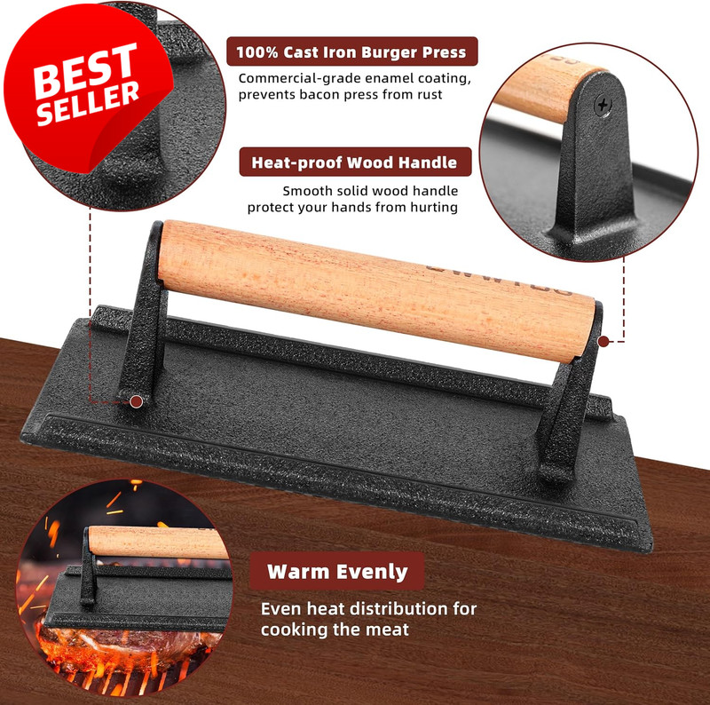 Cast Iron Burger Press Set Round Rectangle Steak Weight Wood Handle Griddle - US gallery