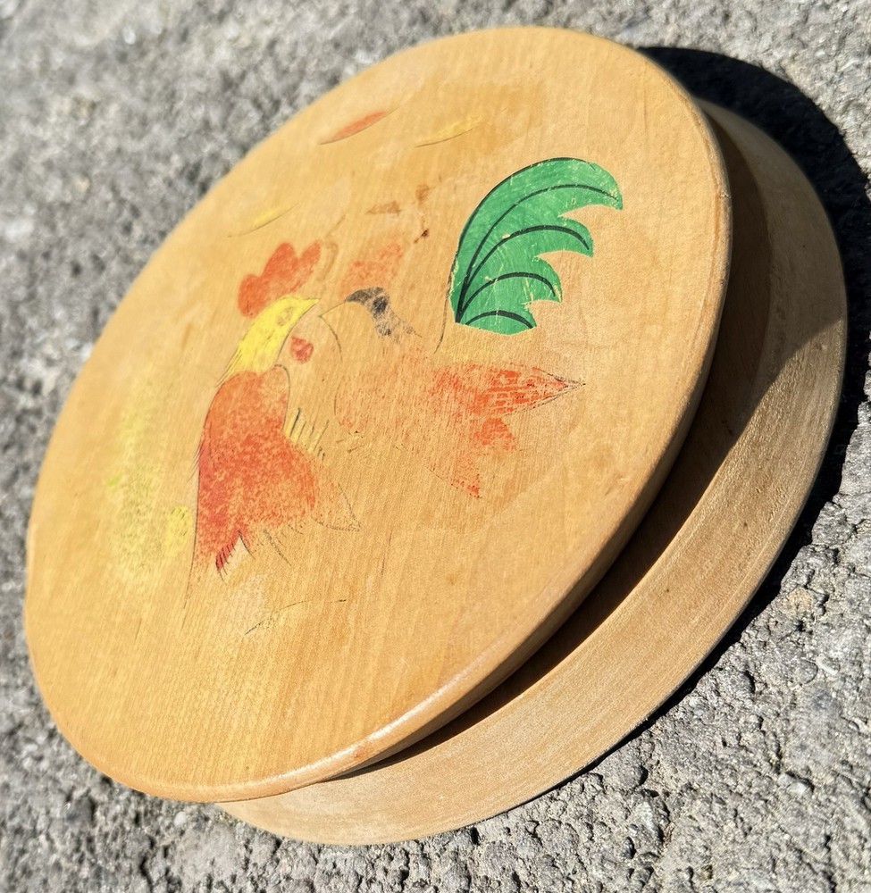 Wooden Hinged Round Hamburger / Patty Press Painted Roosters Vintage Japan