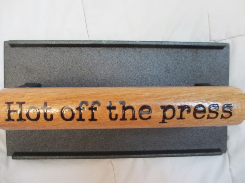 HOT OFF THE PRESS branded WORD print MEAT weight GRILL cast iron wood handle gallery