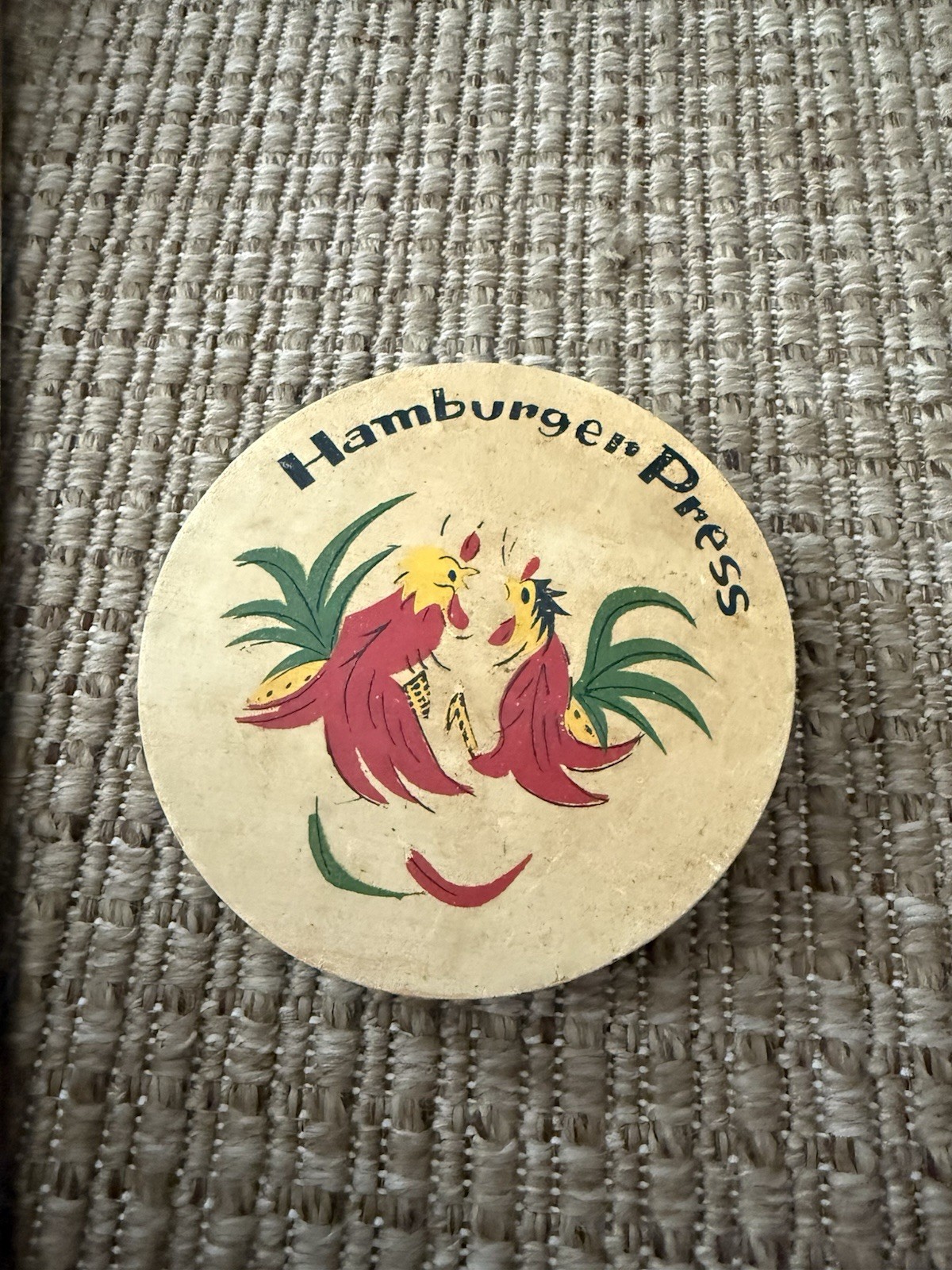 Vintage Hamburger Press Roosters Wood Made in Japan Retro Kitchen gallery