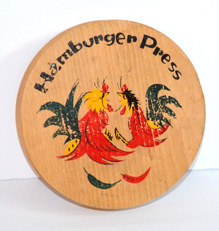 Wood Hinged Hamburger Press Hand Painted Fighting Roosters Vintage Japan 1950s gallery