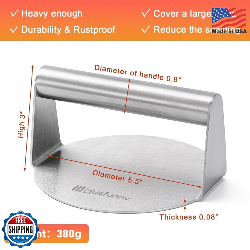Husfunov Stainless Steel Burger Press, 5.5 Inch Round Smasher,Non-Stick Smooth H gallery
