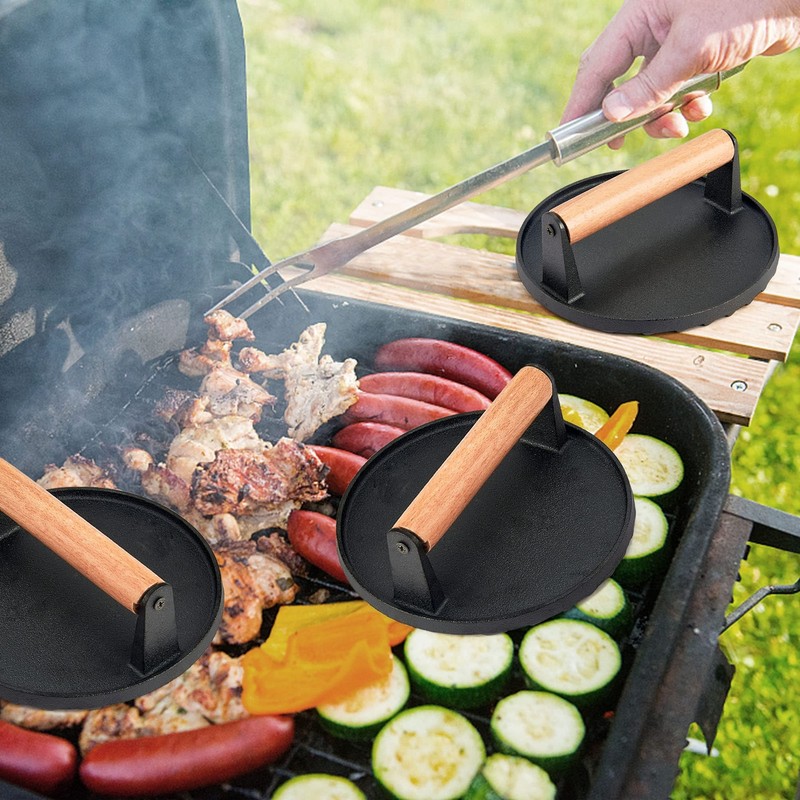 3pc Smash Burger Press 7 Inch Cast Iron Grill Press With Wood Handle Round Bacon gallery