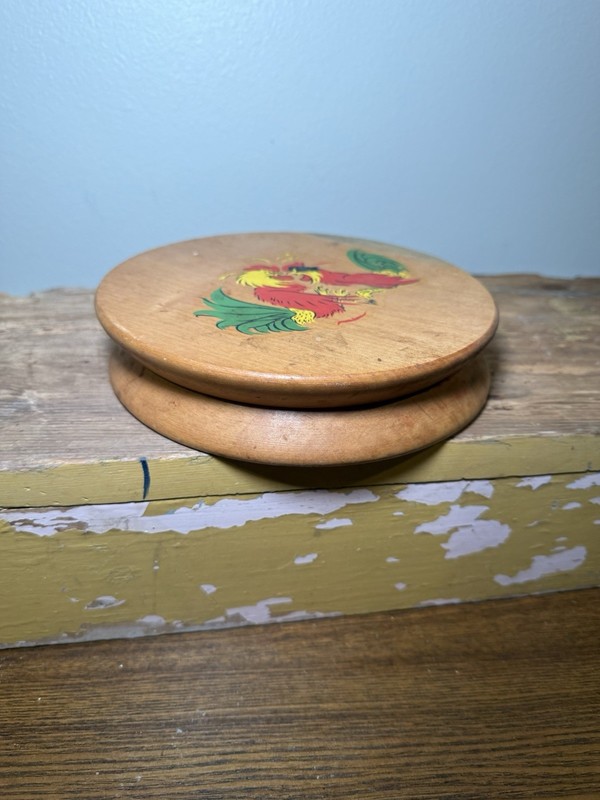 Fighting rooster hamburger press wood wooden round Mid Century cock fight Japan gallery