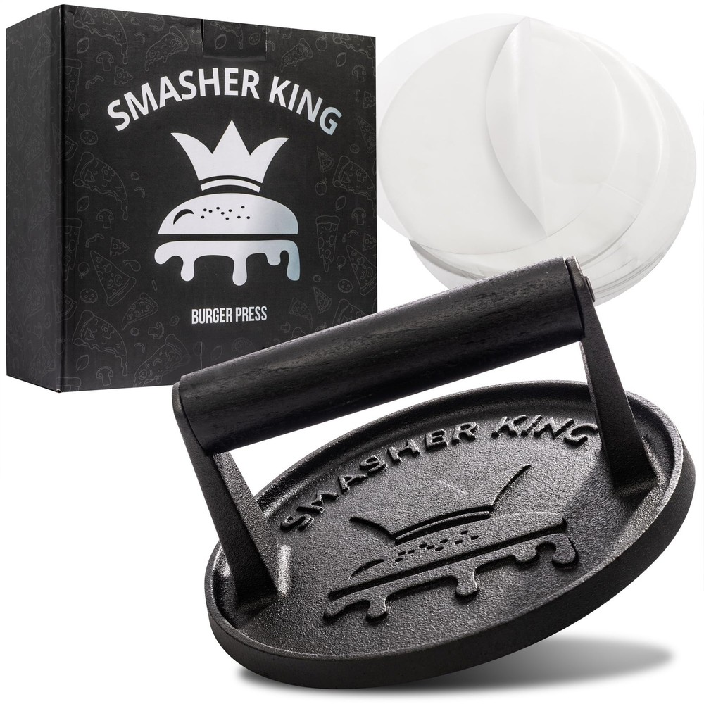 SMASHER KING™ - Premium Cast Iron Smash Burger Press Incl. 25 Pcs of Patty Paper
