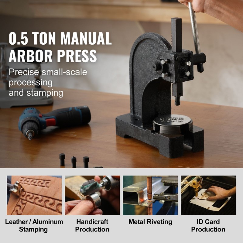 Arbor Press, 0.5 Ton Manual Arbor Press, 4.6" Maximum Height, Cast Iron Heavy-du gallery