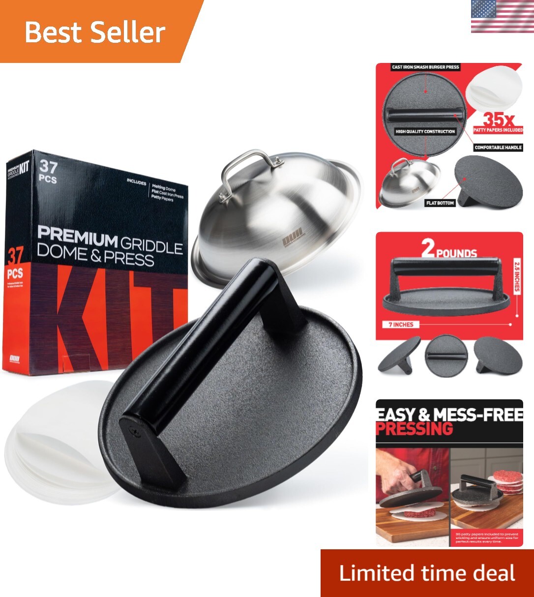 Ultimate Smash Burger Press Kit - 7'' Cast Iron Press with Melting Dome & Papers gallery