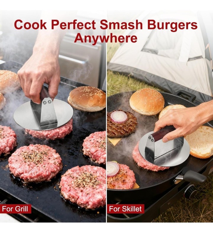 Smash Burger Press 6.3" Round Heavy Duty Stainless Steel Reinforced Wood Handle gallery
