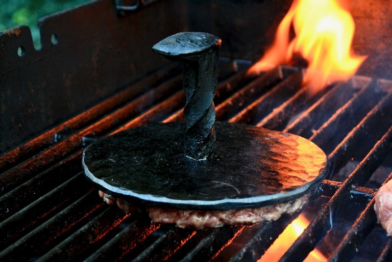 Hand Forged Carbon Steel Jumbo Hamburger Press With Railroad Spike gallery