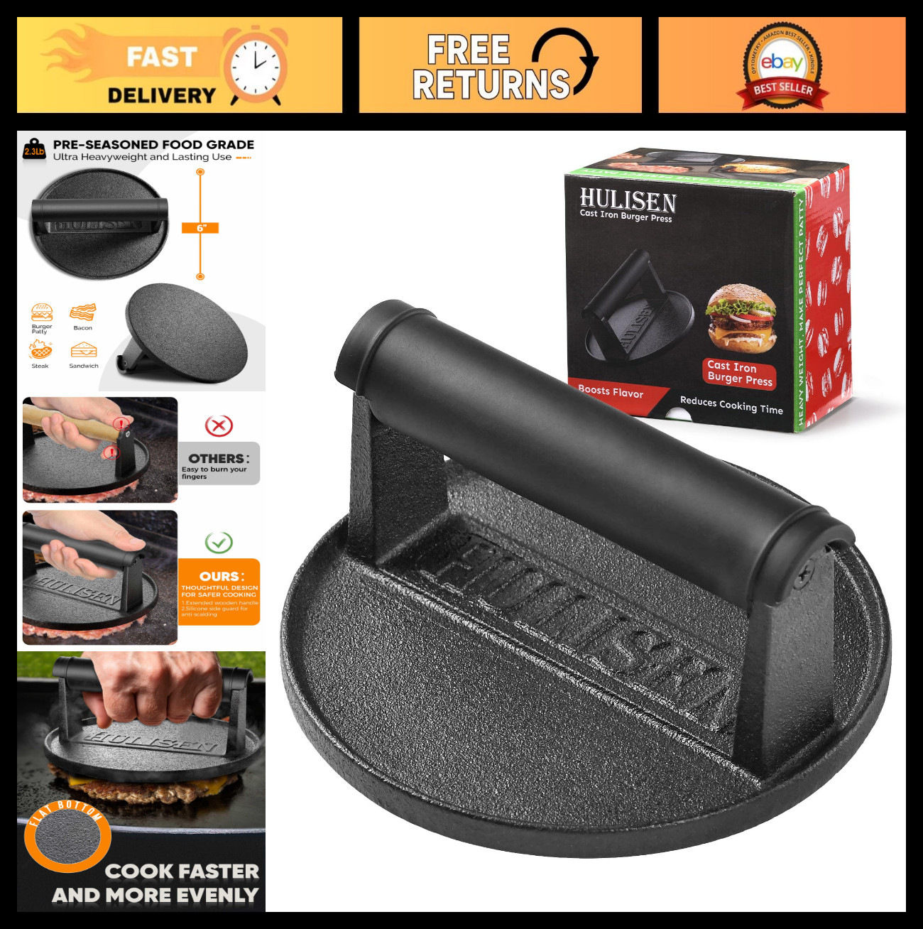 Heavy Duty 6” Cast Iron Burger Press - Pre-Seasoned Grill Smasher Tool for Meat, gallery