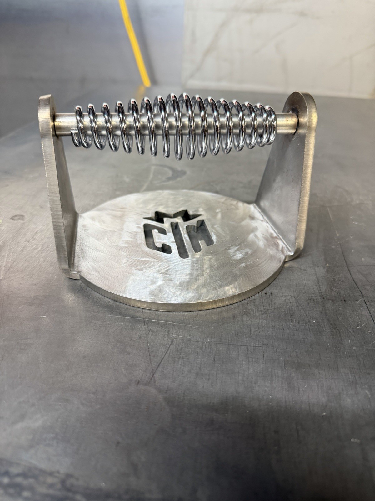 Metal Burger Press Single Spring Handle Silver & Black with CTM Logo gallery