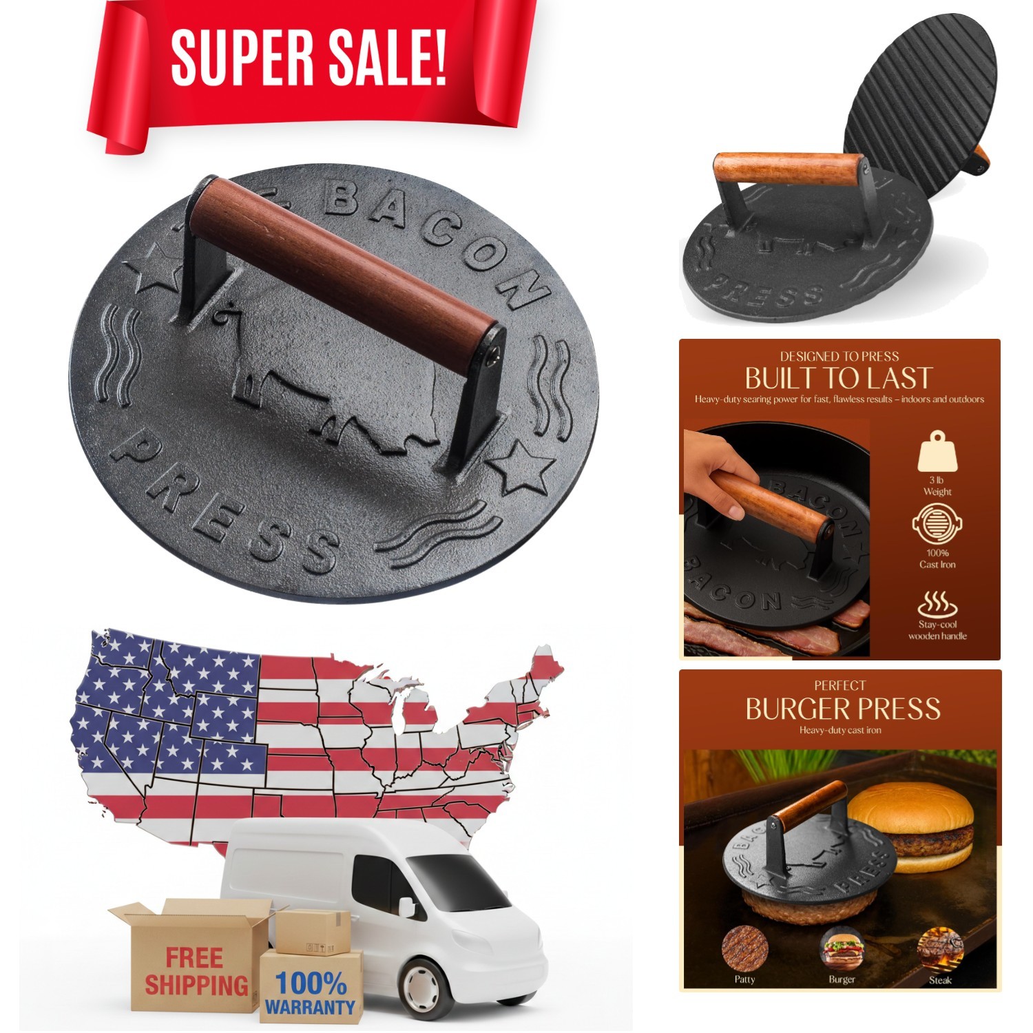 Food-Grade Heavy-Duty Cast Iron Grill Press - Perfect Weight Distribution Design gallery