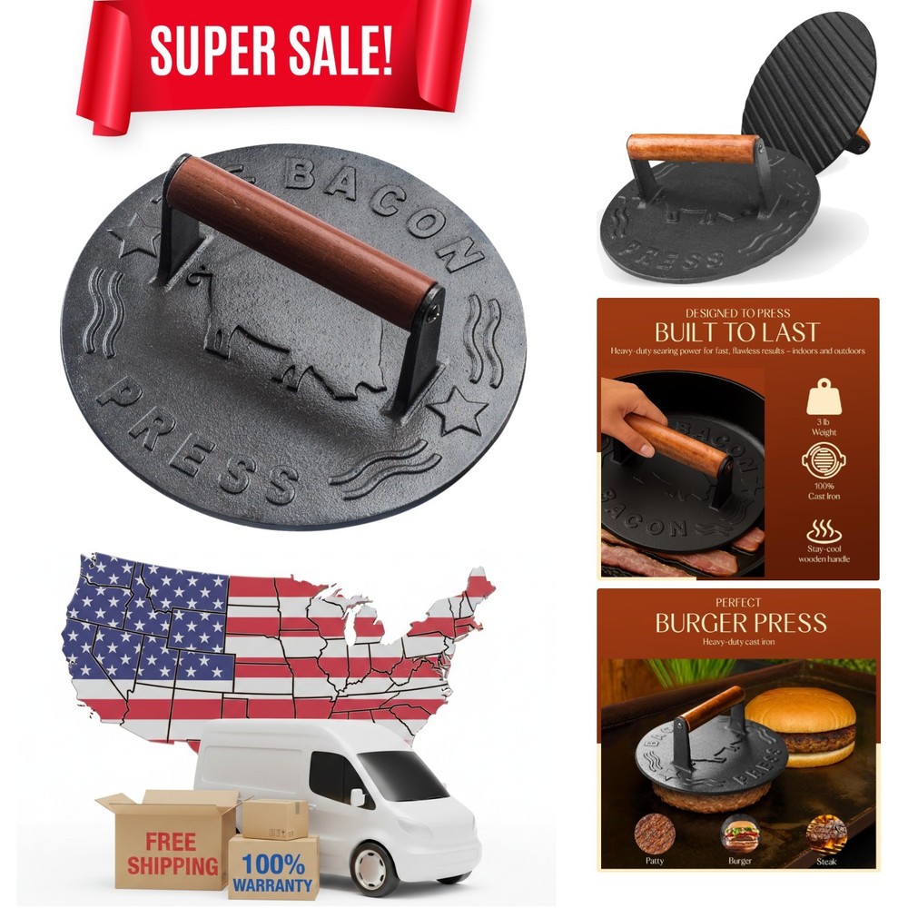 Food-Grade Heavy-Duty Cast Iron Grill Press - Perfect Weight Distribution Design