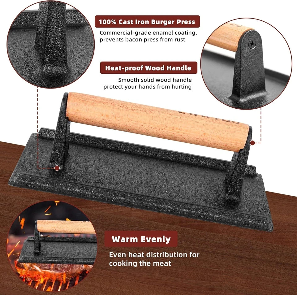 Burger Press Heavy-Duty Cast Iron Smashed Meat Steak Weight Grill Griddle Press gallery