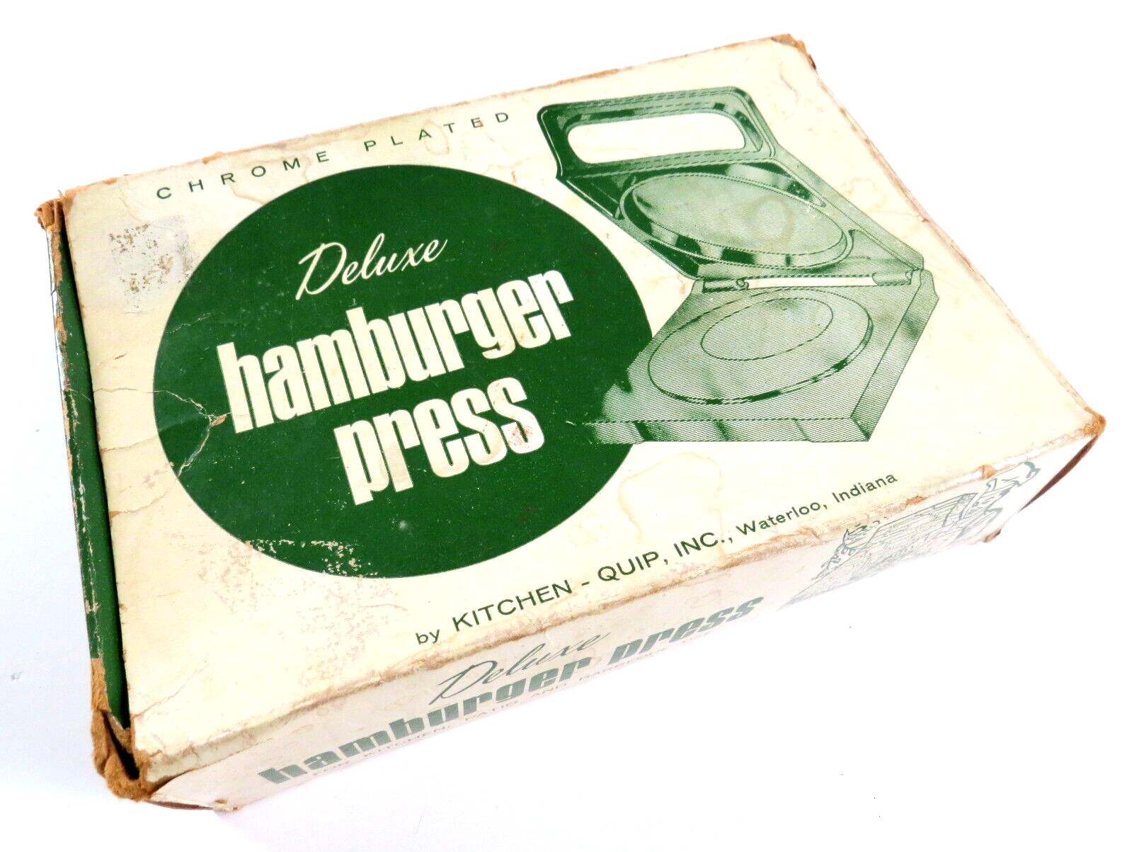 Kitchen-Quip Deluxe Vintage Chrome Plated Hamburger Press in Box - Read gallery