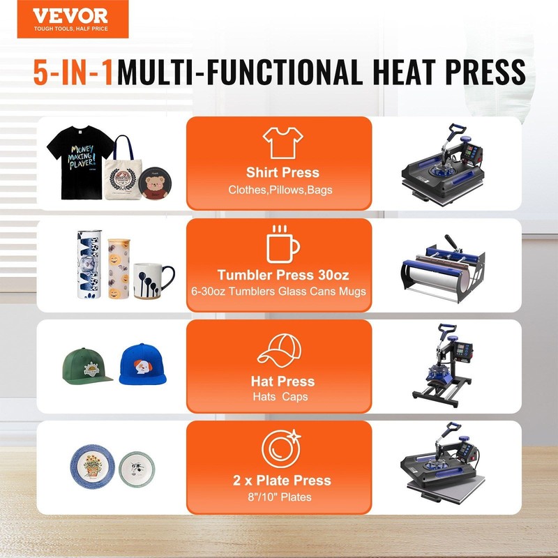 15x15in 8-Function Swing-Away Heat Press, 30oz Tumbler Support, Teflon, Digital gallery